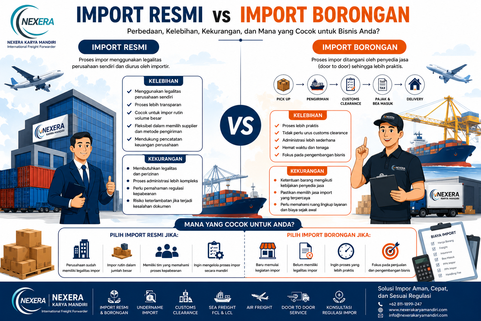 Perbandingan import resmi vs import borongan di Indonesia, lengkap dengan proses, biaya, kelebihan, kekurangan, dan layanan customs clearance.