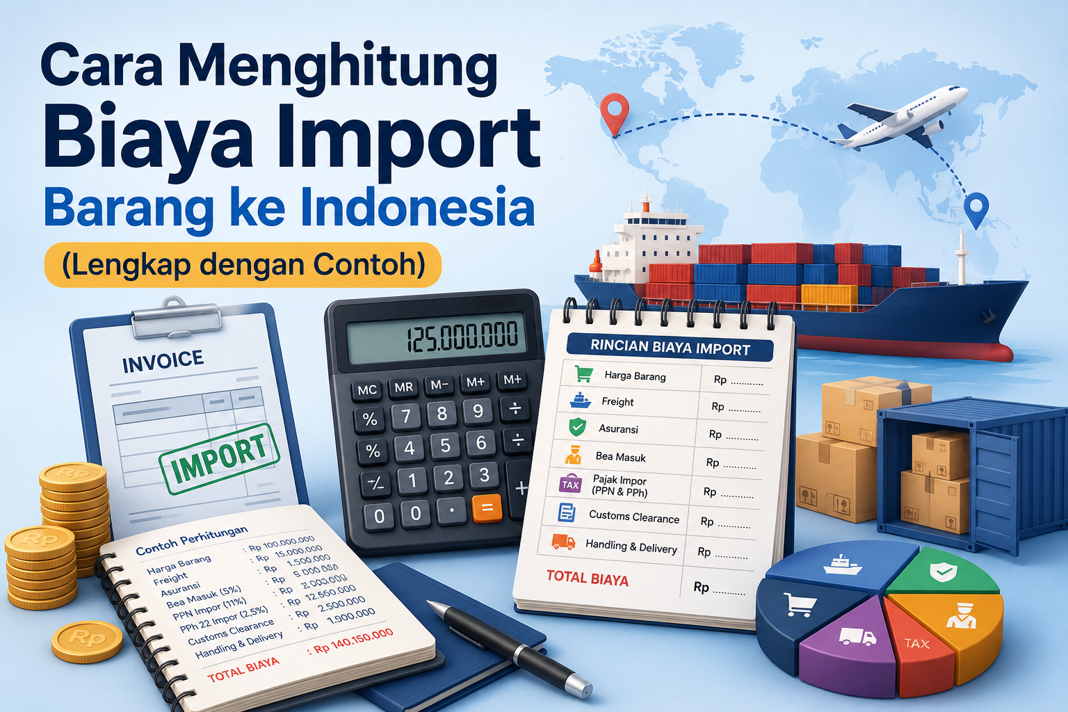 Ilustrasi cara menghitung biaya import barang ke Indonesia yang menampilkan komponen biaya seperti harga barang, freight, Bea Masuk, pajak impor, customs clearance, handling, dan delivery.